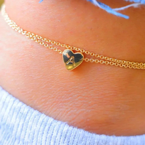 GOLD INITIAL ANKLET ❤️HEART CHARM PERSONALIZED DOUBLE LAYER DAINTY, ELDM22105A - Picture 10 of 13